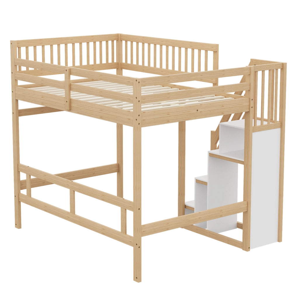 Letto rialzato 140x200 cm con scala contenitore e sponda alta colore naturale