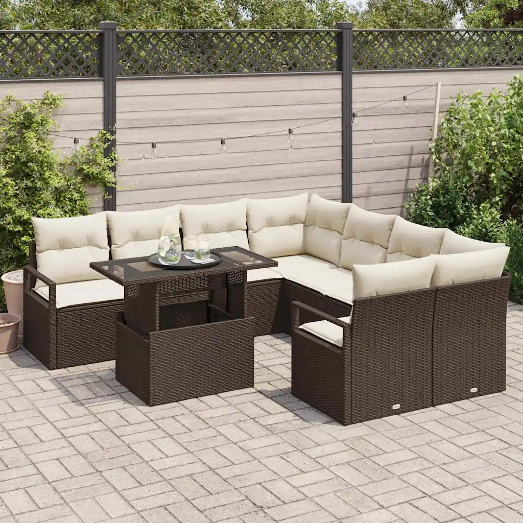 Set Divano da Giardino 9 pcs Marrone e Crema polyrattan