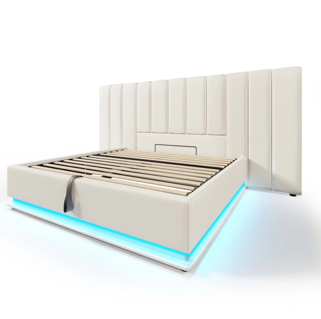 Letto 180x200 cm con contenitore, LED, USB e USB-C in PU bianco con materasso