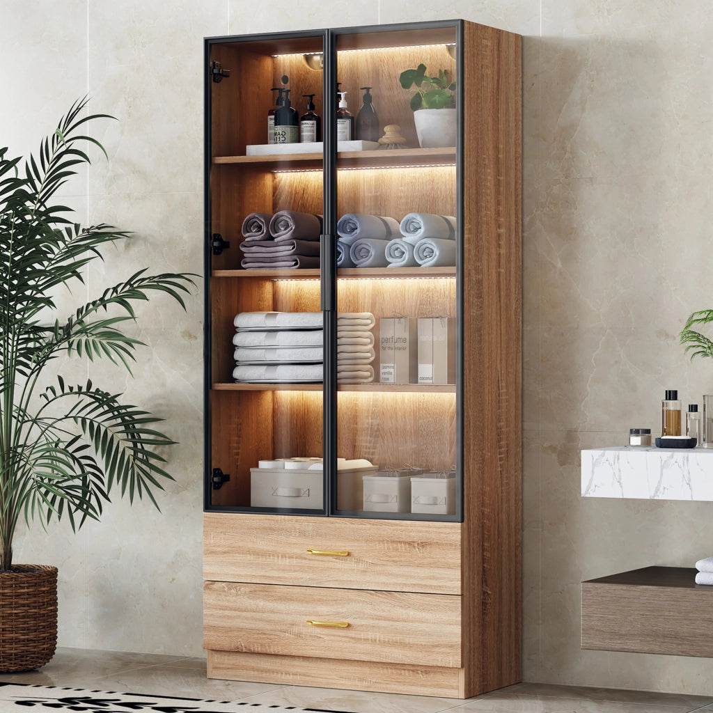 Mobile da bagno con vani aperti e anta in vetro - in MDF - 75×34.5×170 cm - marrone