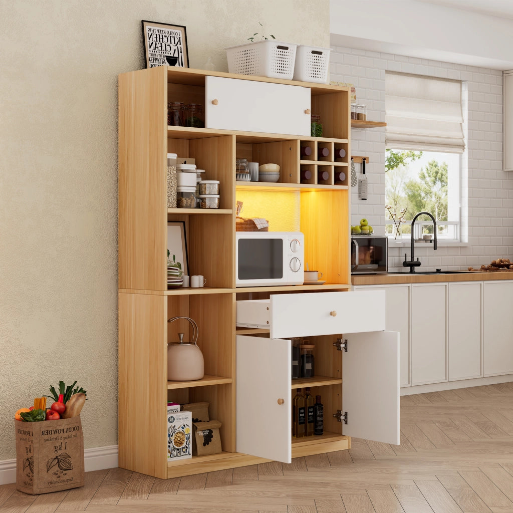 Mobile colonna da cucina con LED regolabile; 3 ante; cassetto e ripiani aperti bianco e naturale 115 × 35 × 180 cm