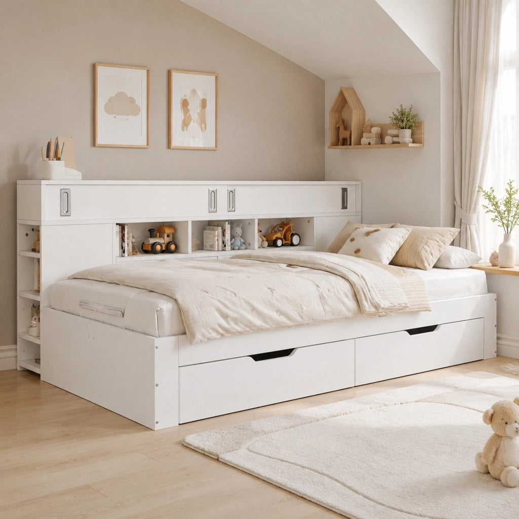 Letto con cassetti 140 × 200 cm con vani laterali e ripiani regolabili in MDF bianco con rete a doghe