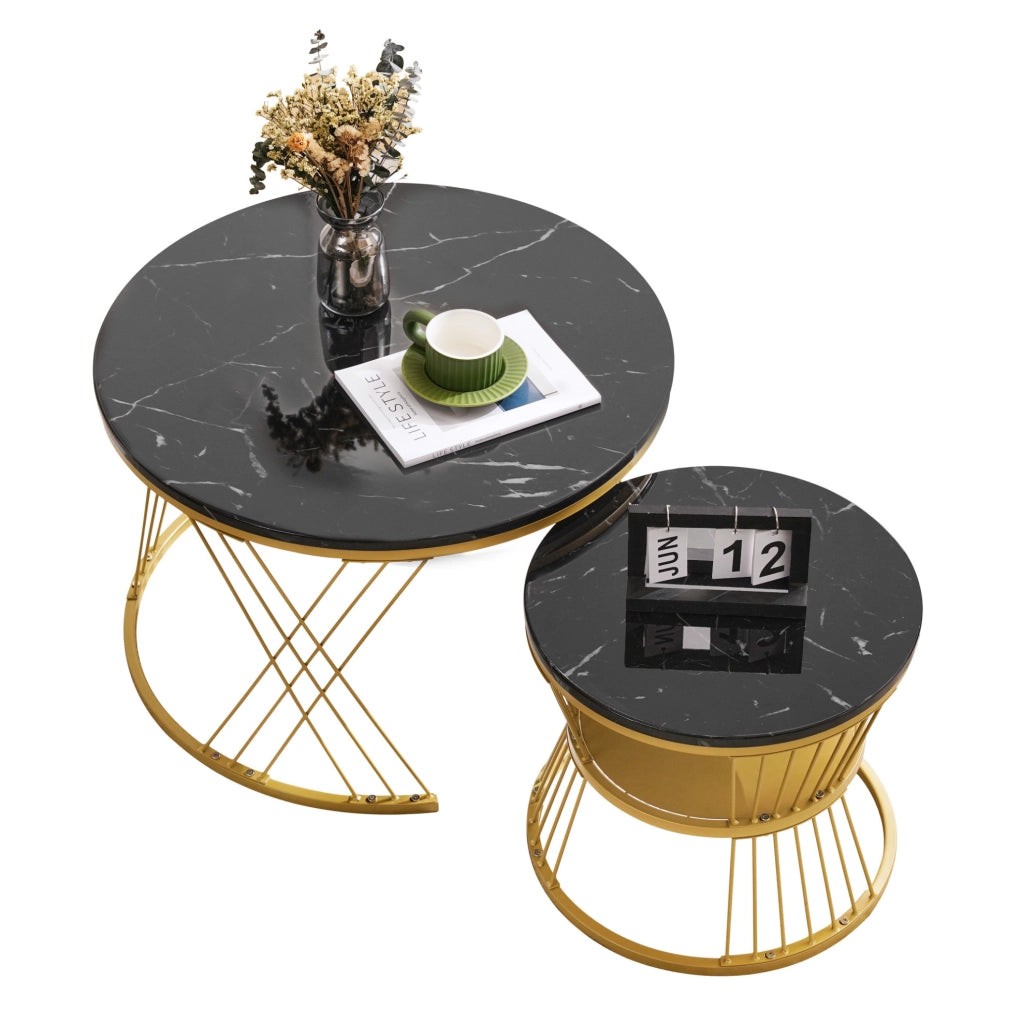 Set di 2 tavolini nesting rotondi in MDF effetto marmo nero; struttura oro