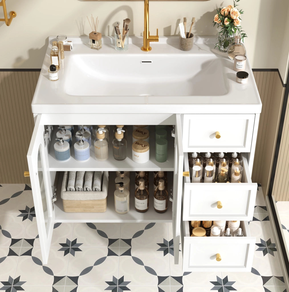 Mobile bagno sospeso bianco con lavabo in ceramica e 2 cassetti