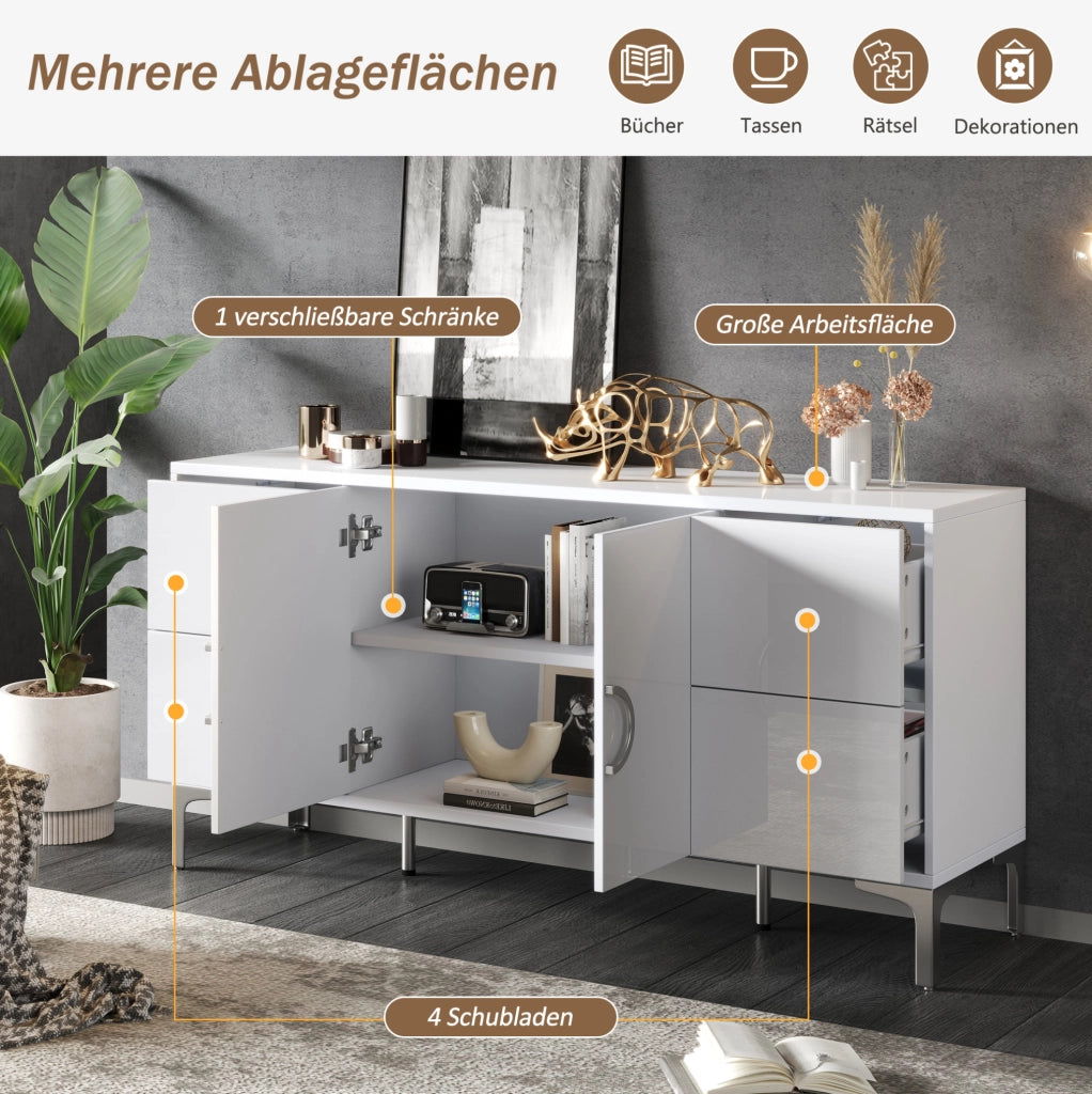 Credenza bianca lucida 150 cm con 4 cassetti e 2 ante