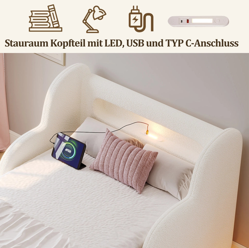 LETTO 90x200 cm imbottito con sponde, Bouclé beige, rete a doghe