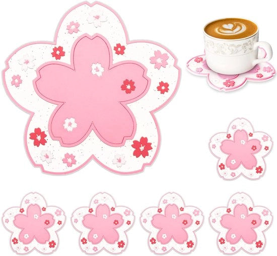 Set di Sostegni in Silicone per Vasi, Set di 6 Sostegni in Silicone per Bicchieri, Calici, Bar, Vasi - Sostegni da Tavolo (Rosso Sakura)