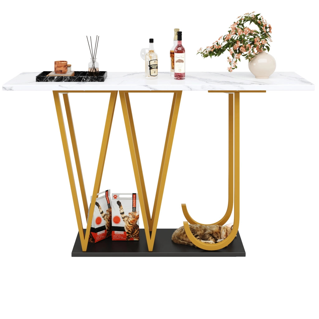 Tavolo da pranzo 120x29,5x80 cm in MDF/metallo bianco, effetto marmo, con ripiano