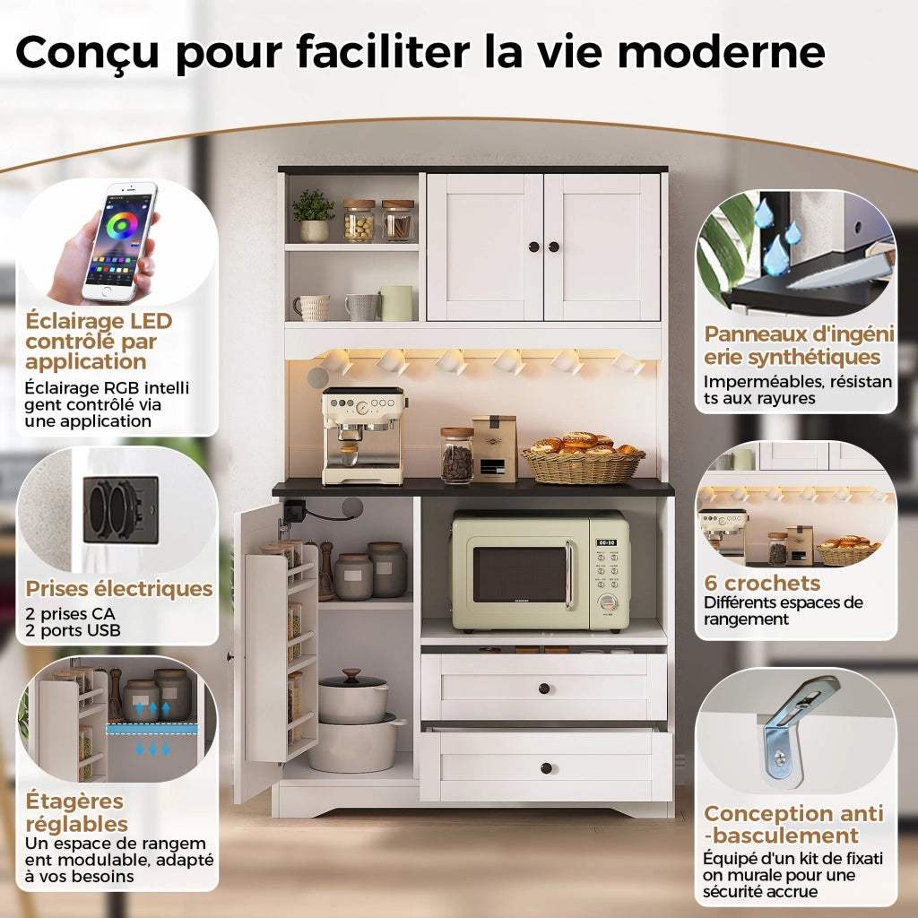 Mobile dispensa da cucina con LED presa integrata vano microonde ripiani regolabili MDF bianco 100 × 40 × 163 cm