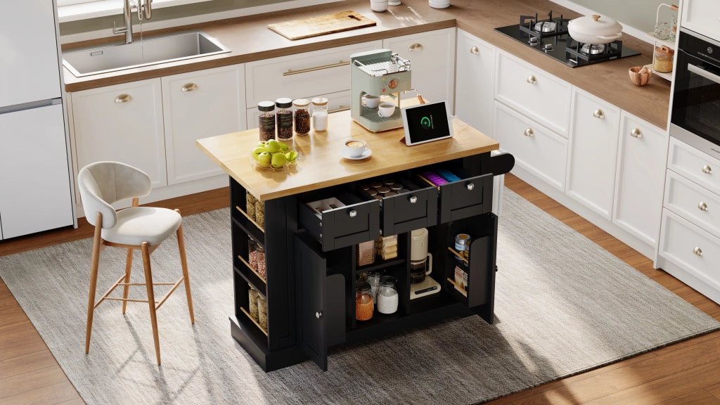 Tavolo da cucina mobile 132 cm, stile country, piano pieghevole, mobile multifunzione con cassetto, portaspezie, porta asciugamani, 4 ruote, presa integrata