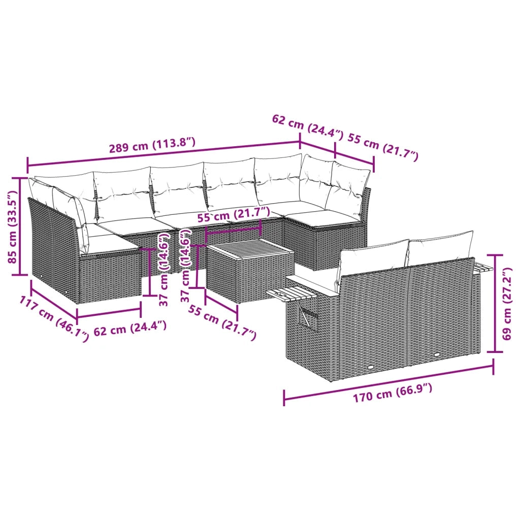 Set Divano da Giardino 10 pz con Cuscini Grigio in Polyrattan