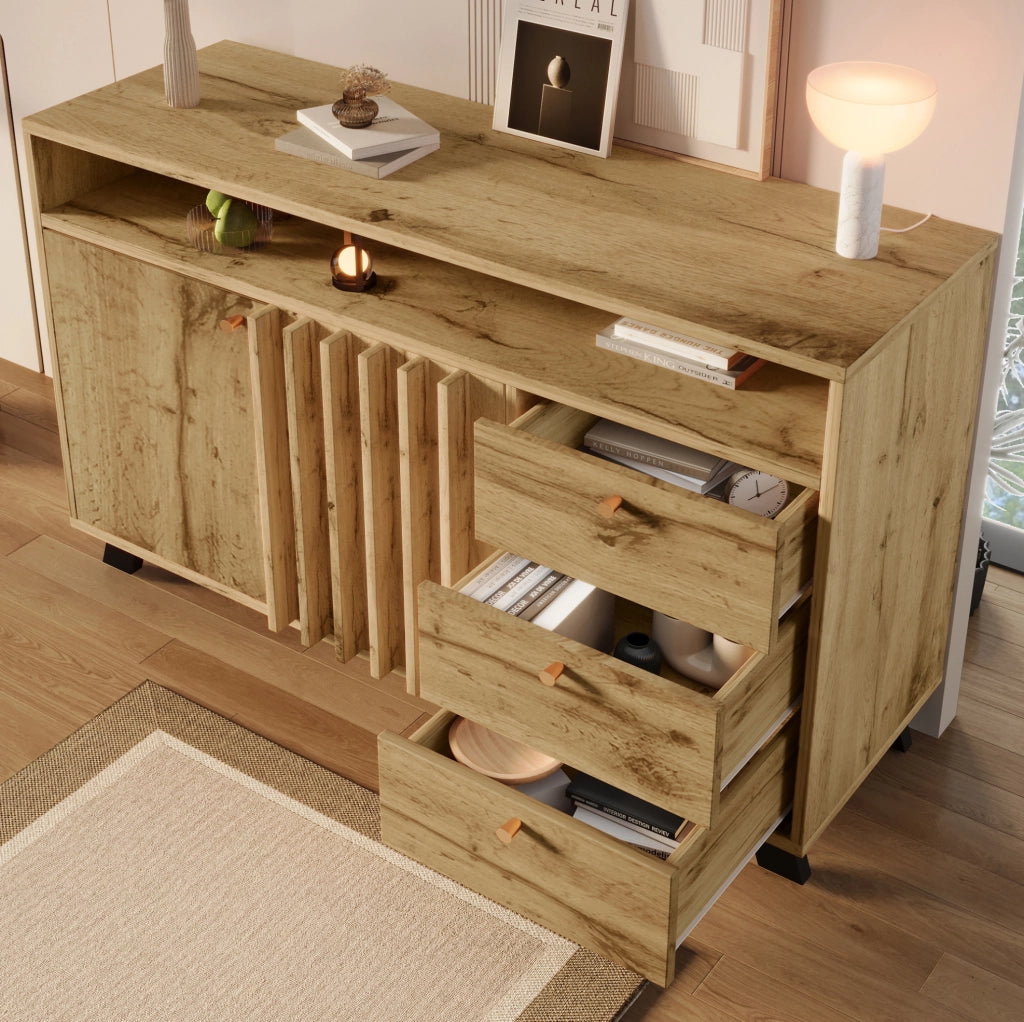 Credenza con 3 cassetti e 2 ante effetto rovere scuro, ripiano regolabile e vano a giorno