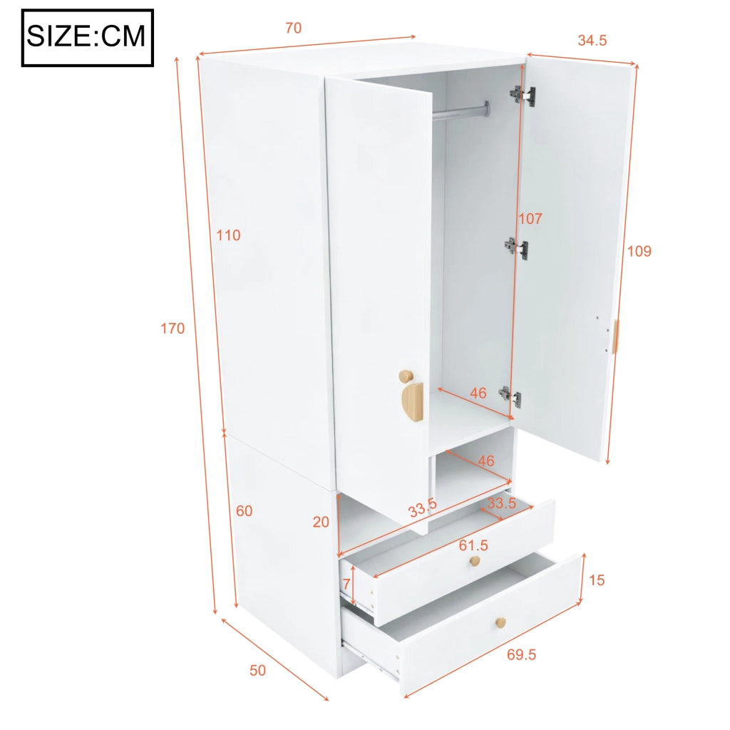 Armadio con 2 ante; 2 cassetti e vani interni - per camera da letto - in MDF - bianco
