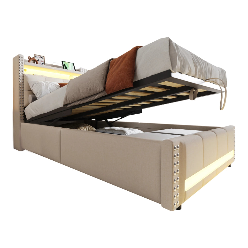 Letto per bambini imbottito 90x200 cm con LED; presa USB; mensole e vano contenitore idraulico; lino beige
