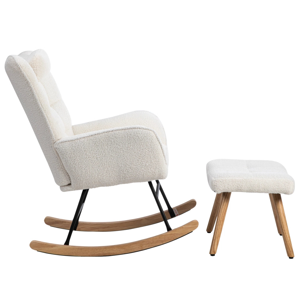 Sedia a dondolo con cuscino e poggiapiedi - struttura in legno - in bouclé bianco