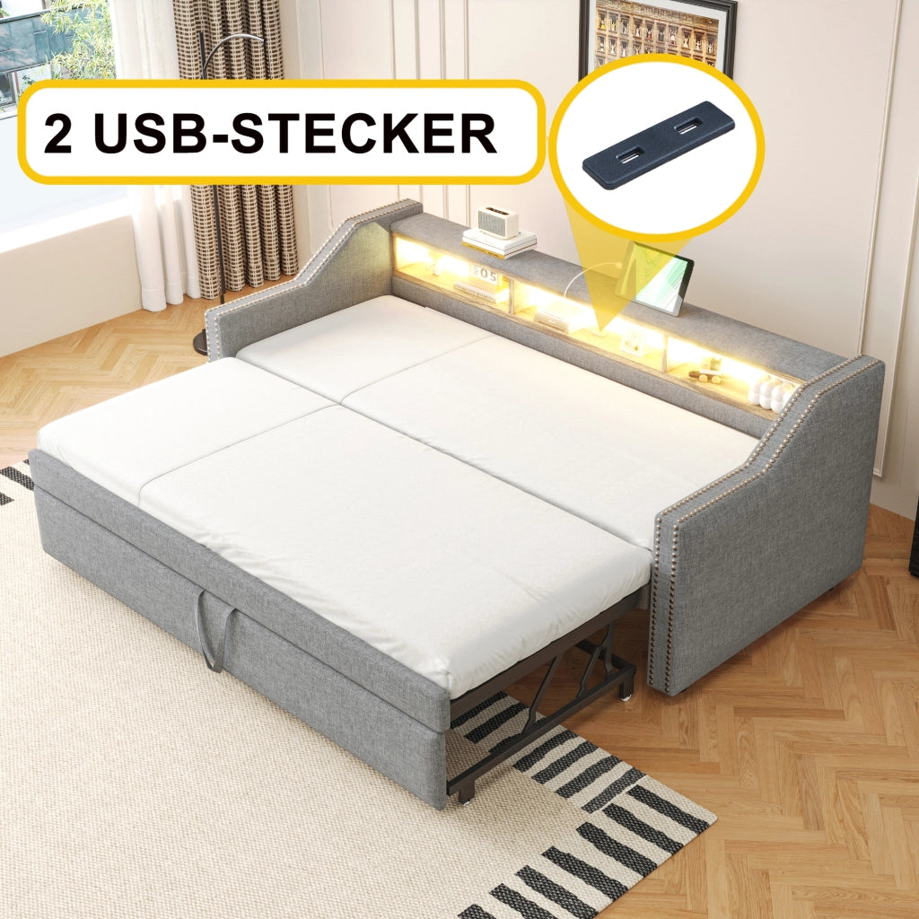 Divano letto imbottito estraibile 90 × 190 cm con rete a doghe LED USB grigio chiaro