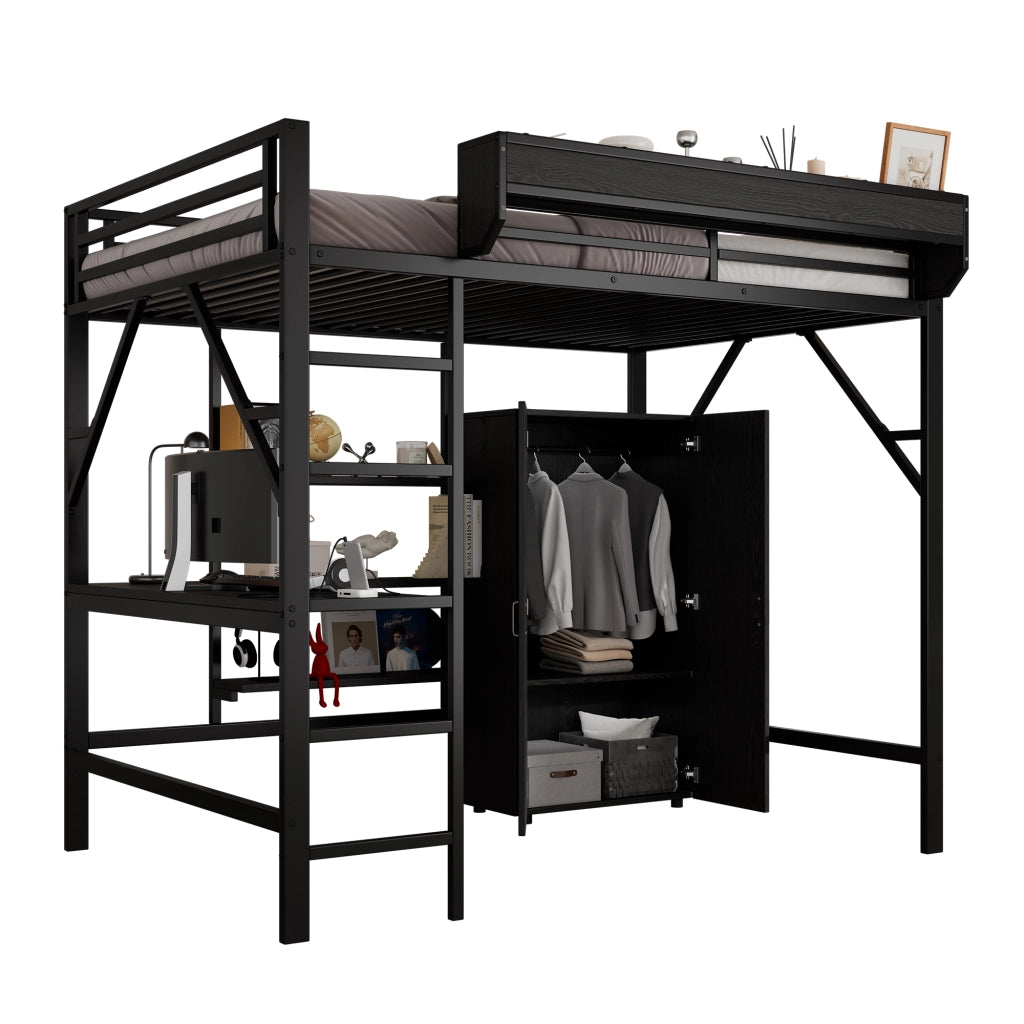 Letto a soppalco per bambini 140 × 200 cm con scrivania, armadio, ripiani e struttura in ferro e MDF nera
