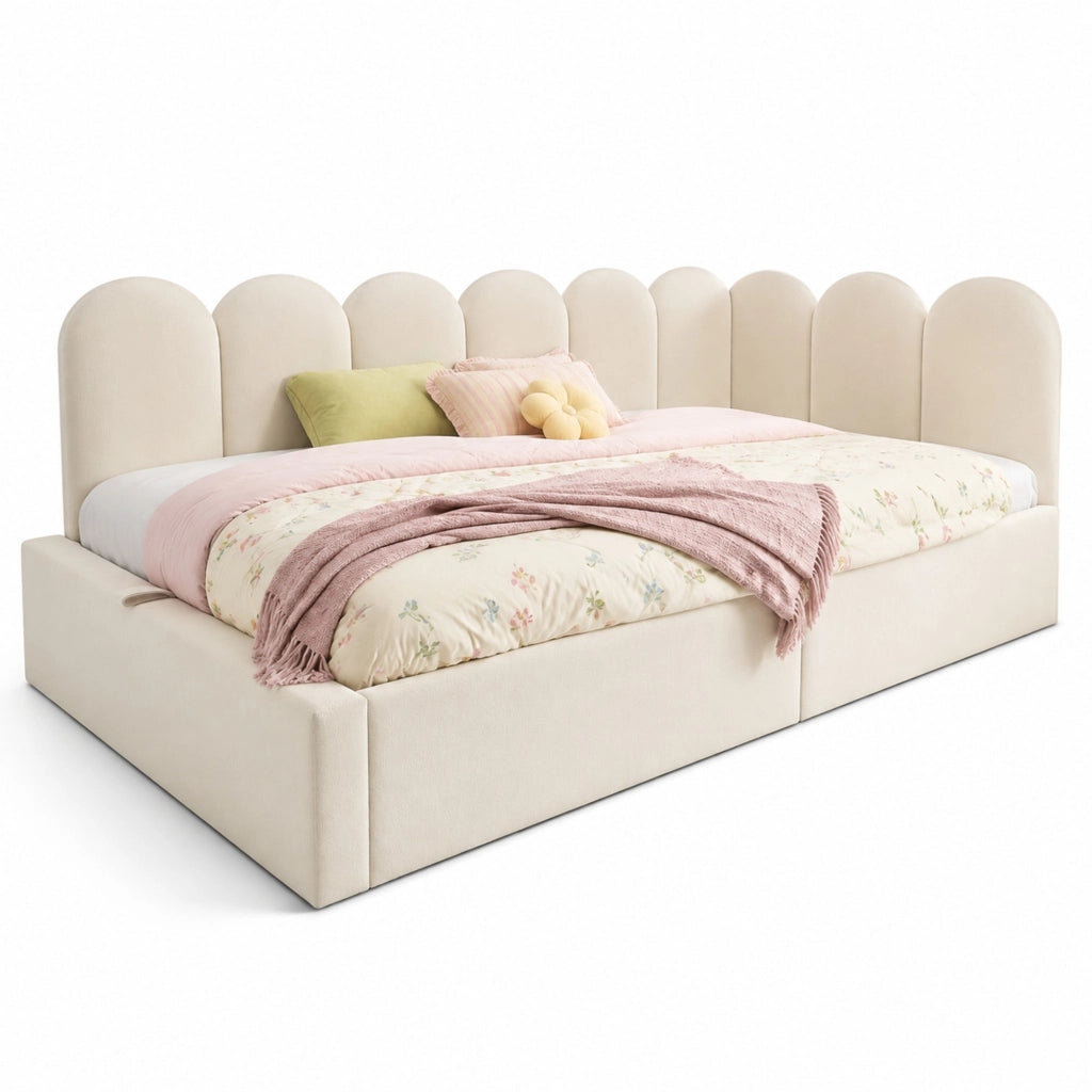 Letto per bambini 90x190 cm con vano contenitore idraulico; divano letto in velluto beige