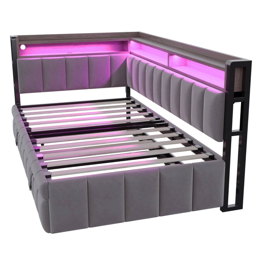 Divano letto estraibile 90x200 cm con LED, USB e USB-C in velluto grigio scuro