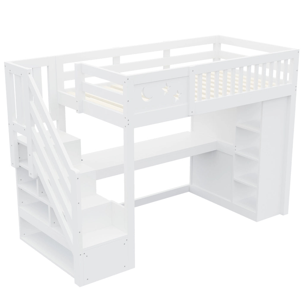 Letto a soppalco ULEVR 90x200 cm con scrivania, LED, prese e scala contenitore, bianco e colore legno