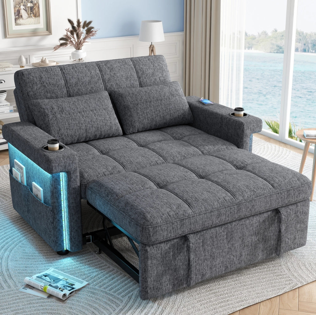DIVANO LETTO 2 Posti 145 x 141,5 cm Chenille Grigio LED USB Type-C