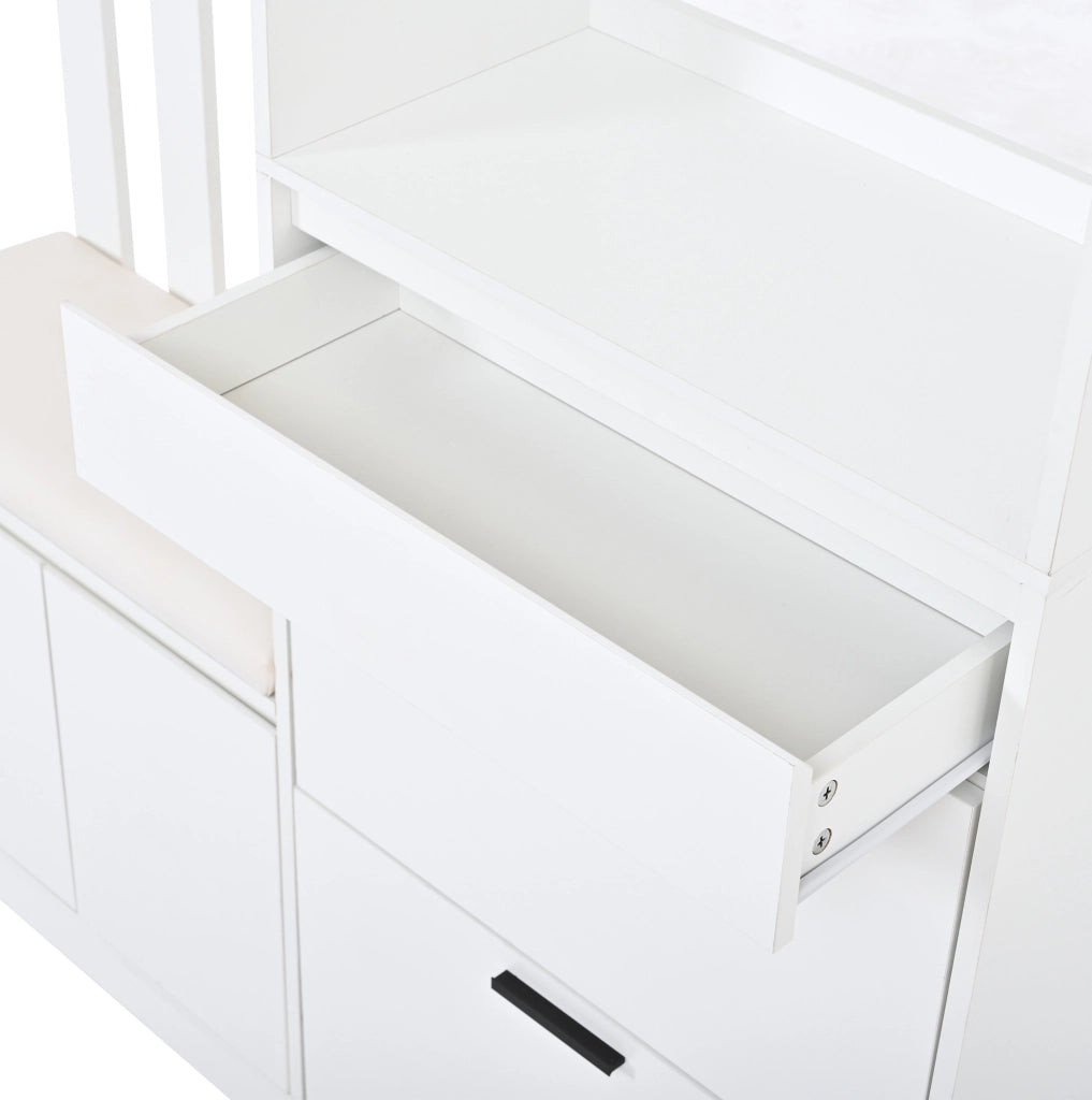 Guardaroba da ingresso multifunzionale 120x30x200 cm in MDF bianco con panca imbottita, 2 ribalte porta scarpe, 1 cassetto, 2 ante e 10 appendini, capacità 30 kg