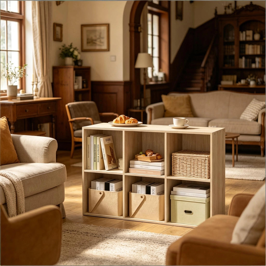 libreria aperta a cubi in legno ingegnerizzato E1 con 6 vani, scaffale multifunzione per casa e ufficio, rovere