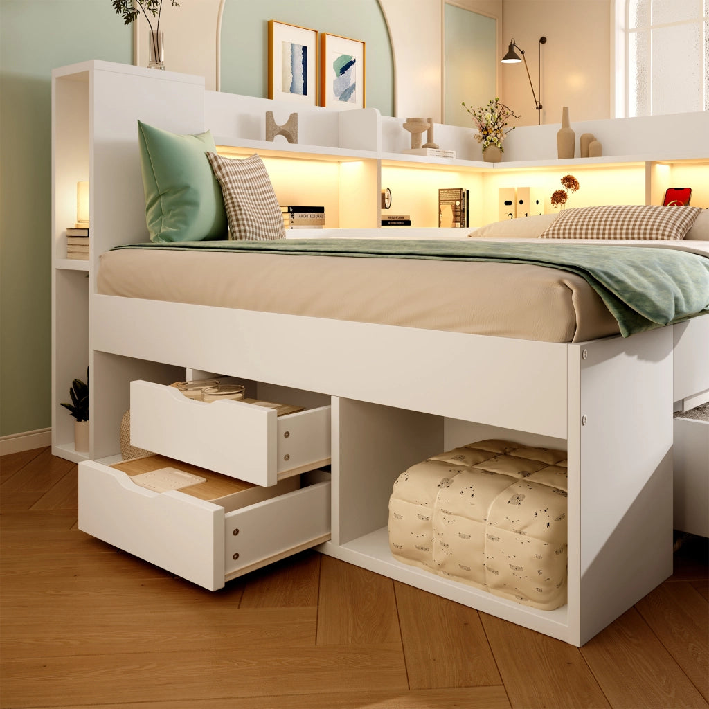 Letto 140 x 200 cm con 3 cassetti e LED, letto matrimoniale con ripiani e porte USB in legno bianco, materasso non incluso