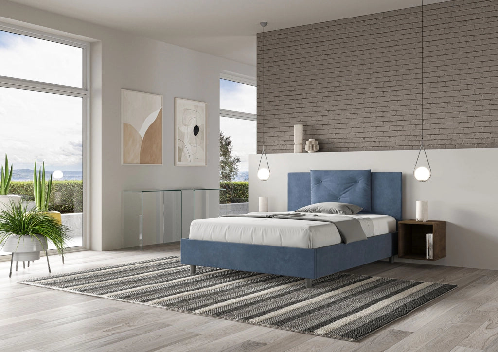 BS COM Letto matrimoniale francese contenitore imbottito 140x200 microfibra blu