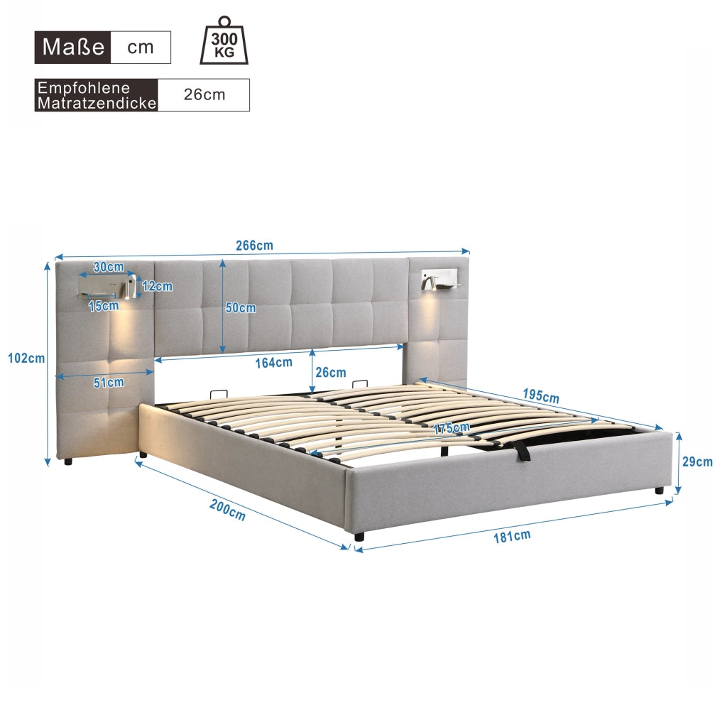 LETTO Contenitore Idraulico 180x200 cm Lino Grigio USB Ricarica Wireless Luce