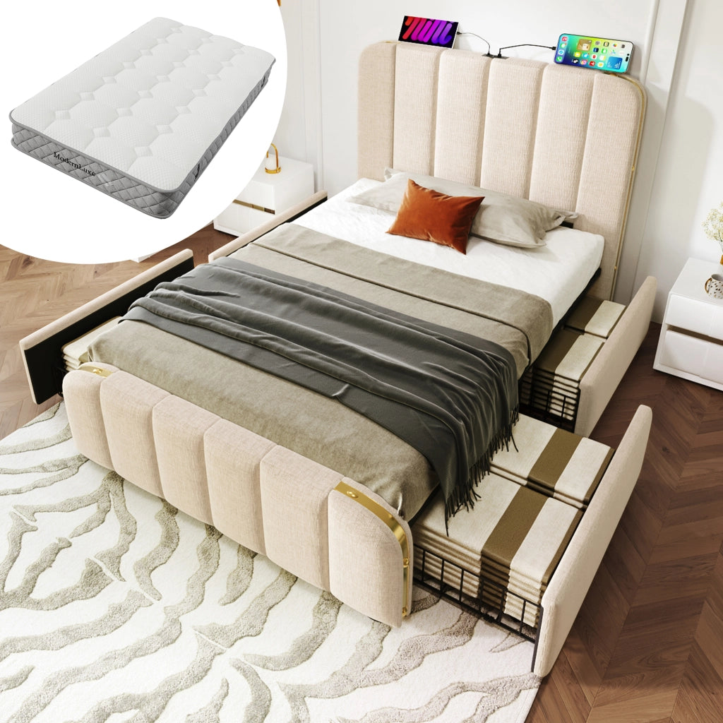 Letto con cassetti 90 × 200 cm con materasso a molle 7 zone testiera imbottita USB e USB-C in lino beige
