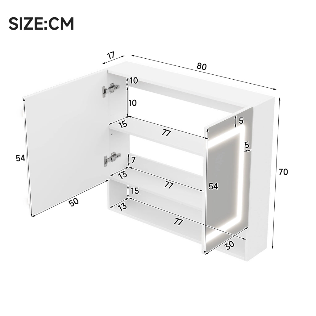 Armadietto a specchio da bagno con 2 ante, LED regolabile, funzione antiappannamento, ripiano regolabile, 80 × 17 × 70 cm