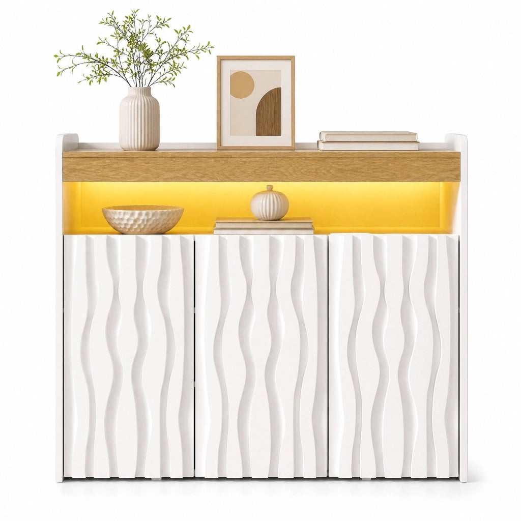 Mobile contenitore con LED, 3 ante e ripiani regolabili 105x35x90,5 cm bianco e naturale