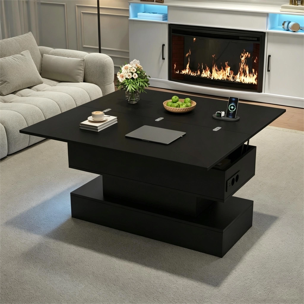 Tavolino da Salotto Sollevabile Nero con Prese USB e LED 100x50x51.5cm