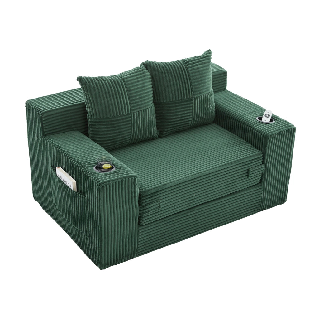 Pouf divano in velluto a coste verde smeraldo con tasche laterali; 151 x 133 x 64 cm