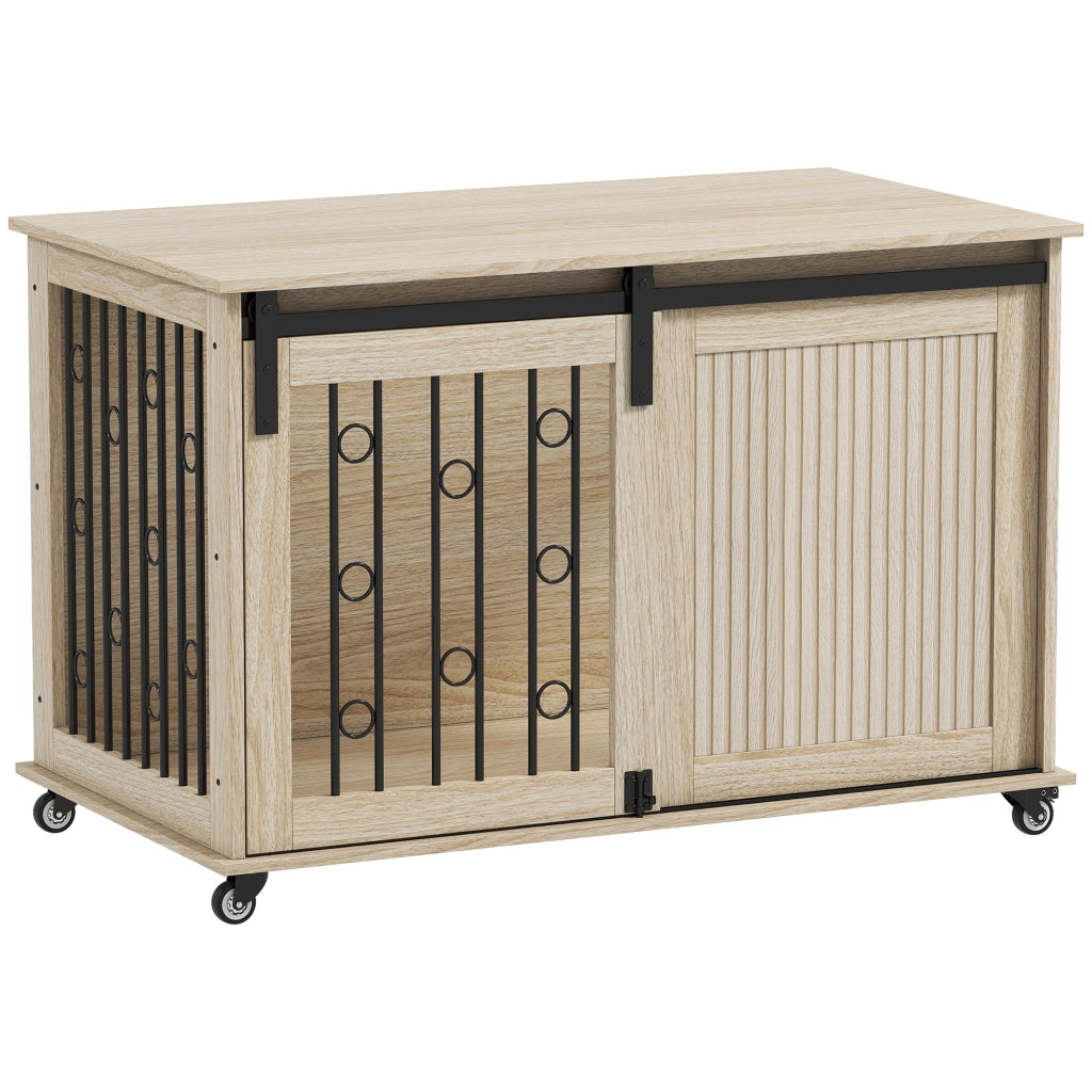 Gabbia per cani da interno in legno e acciaio con ruote e porta scorrevole, mobile cuccia spazioso e robusto per casa, 100 x 56 x 65 cm