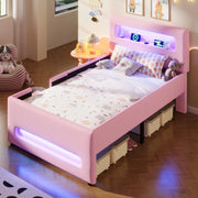 Letto imbottito 90x200 cm con cassetto estraibile e LED in PU e MDF rosa