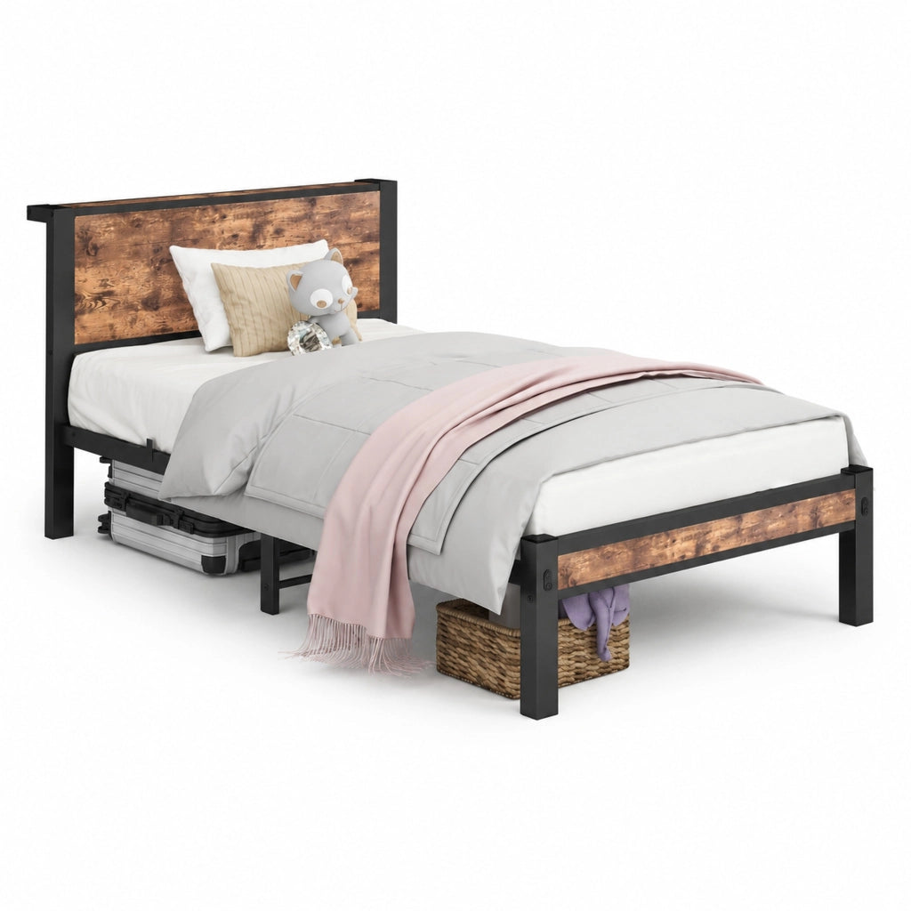Letto singolo 90 × 200 cm con testiera e pediera in MDF e metallo marrone antico con spazio sottoletto 27 cm