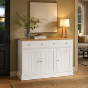 Credenza bianca e finitura legno con 3 ante e 2 cassetti