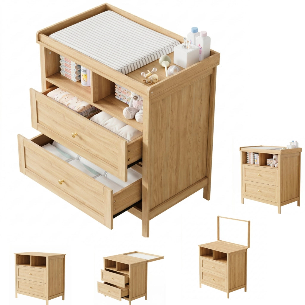 Fasciatoio con 2 cassetti, vani aperti e sponde di sicurezza rimovibili, per cameretta dei bambini, in MDF naturale