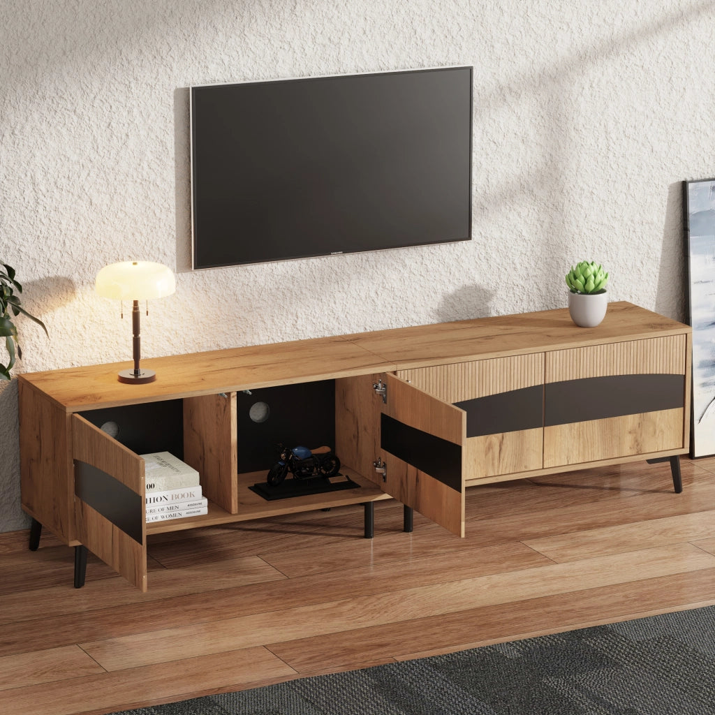 Mobile TV con 4 ante e 4 vani in truciolare naturale e nero per televisori da 75 pollici 180 × 40 × 50 cm