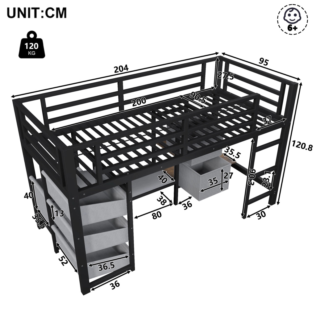 Letto singolo rialzato 90x200 cm in metallo nero con LED; contenitori e cuscino seduta HOMVRA