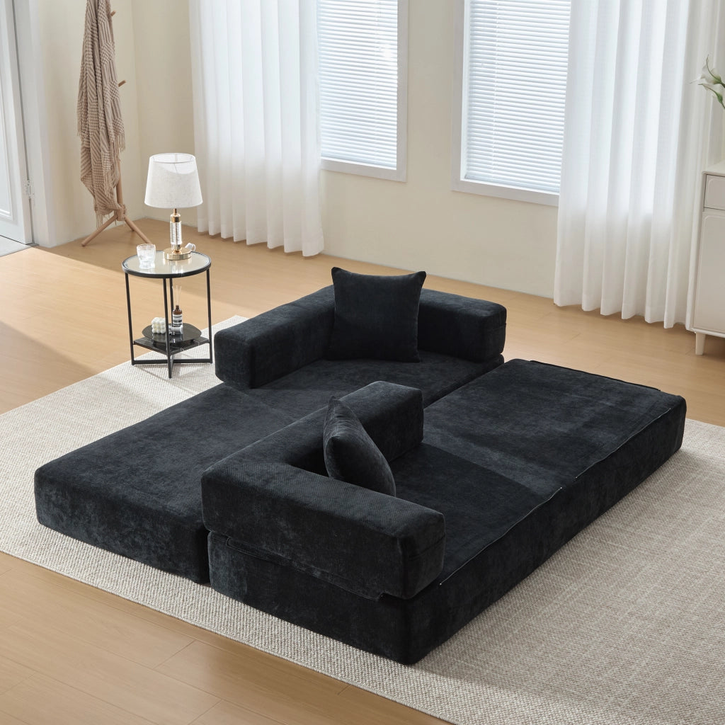 Divano modulare in chenille con tasche laterali e base antiscivolo - nero