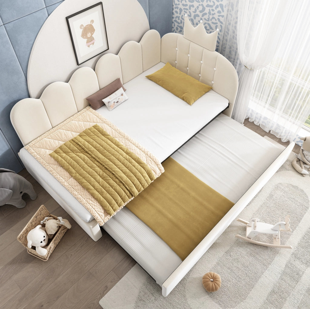 Divano Letto con Letto Estraibile L-Shape 90x200 cm in Velluto Beige per Cameretta e Ospiti