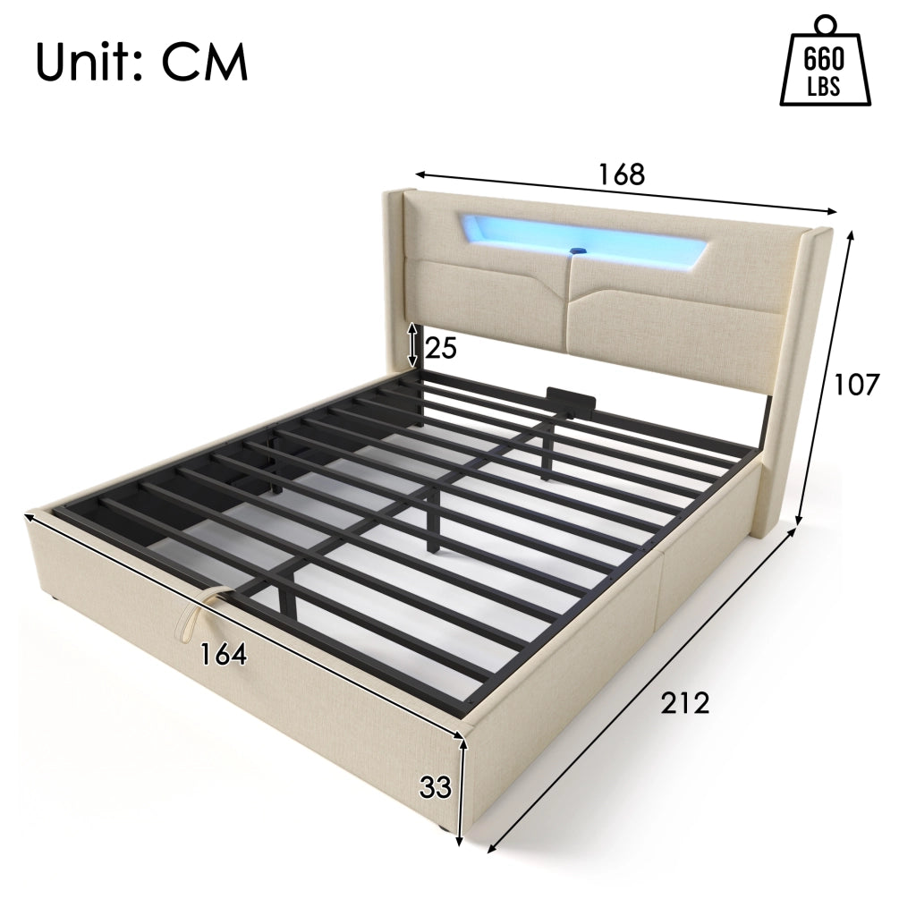 Letto matrimoniale con contenitore 160 × 200 cm imbottito con LED USB e Type-C in lino beige