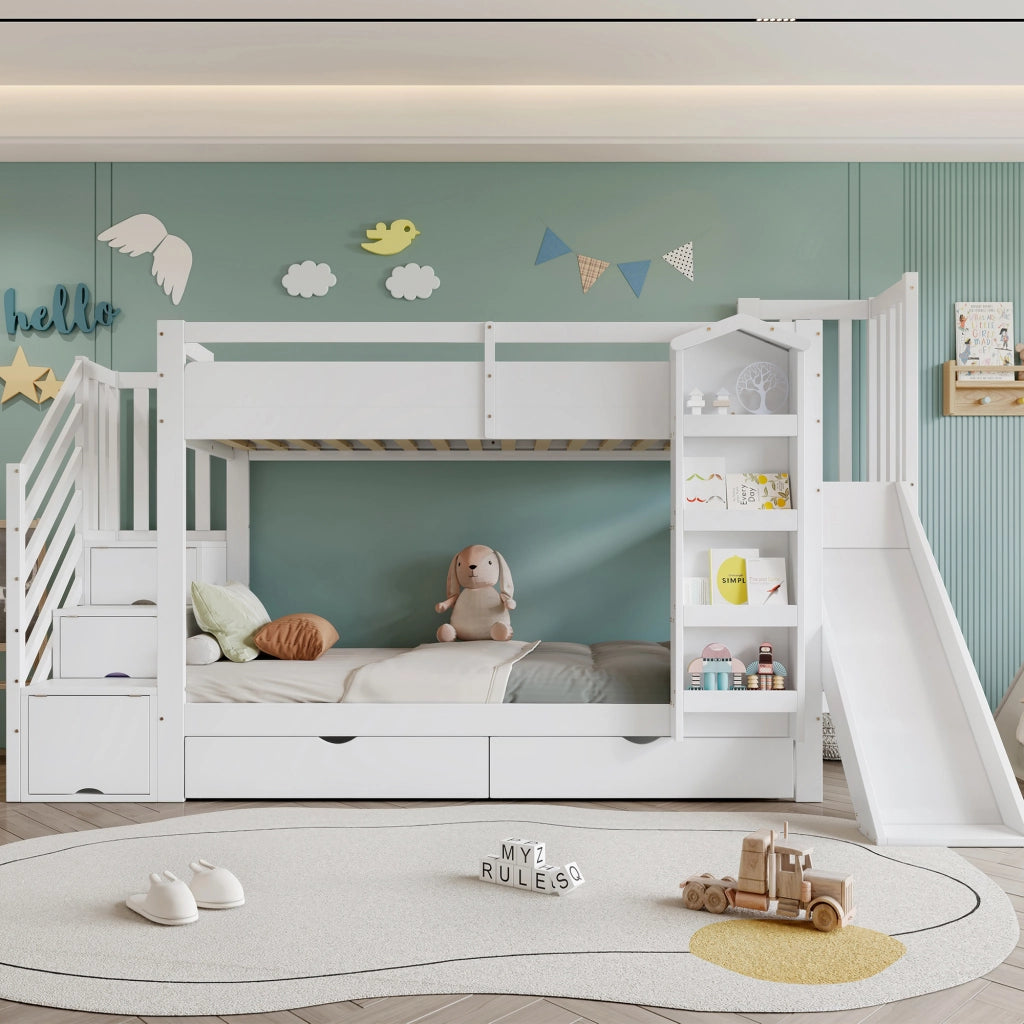Letto a Castello 90x200 cm con Scivolo; Libreria; 2 Cassetti e Scala con Contenitori; Legno Bianco