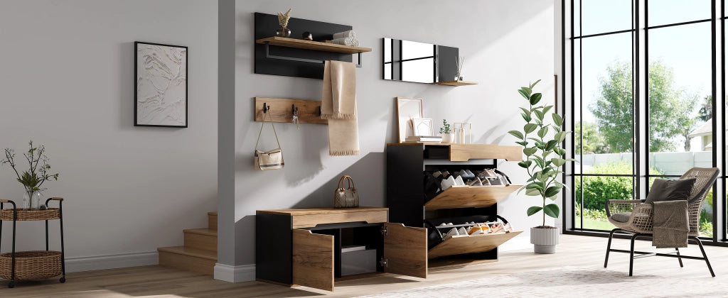 Set guardaroba con armadio, cassetto, specchio, 2 scarpiera, cappelliera e 4 ganci, scarpiera con panca, nero e legno, 156 x 36 x 176 cm