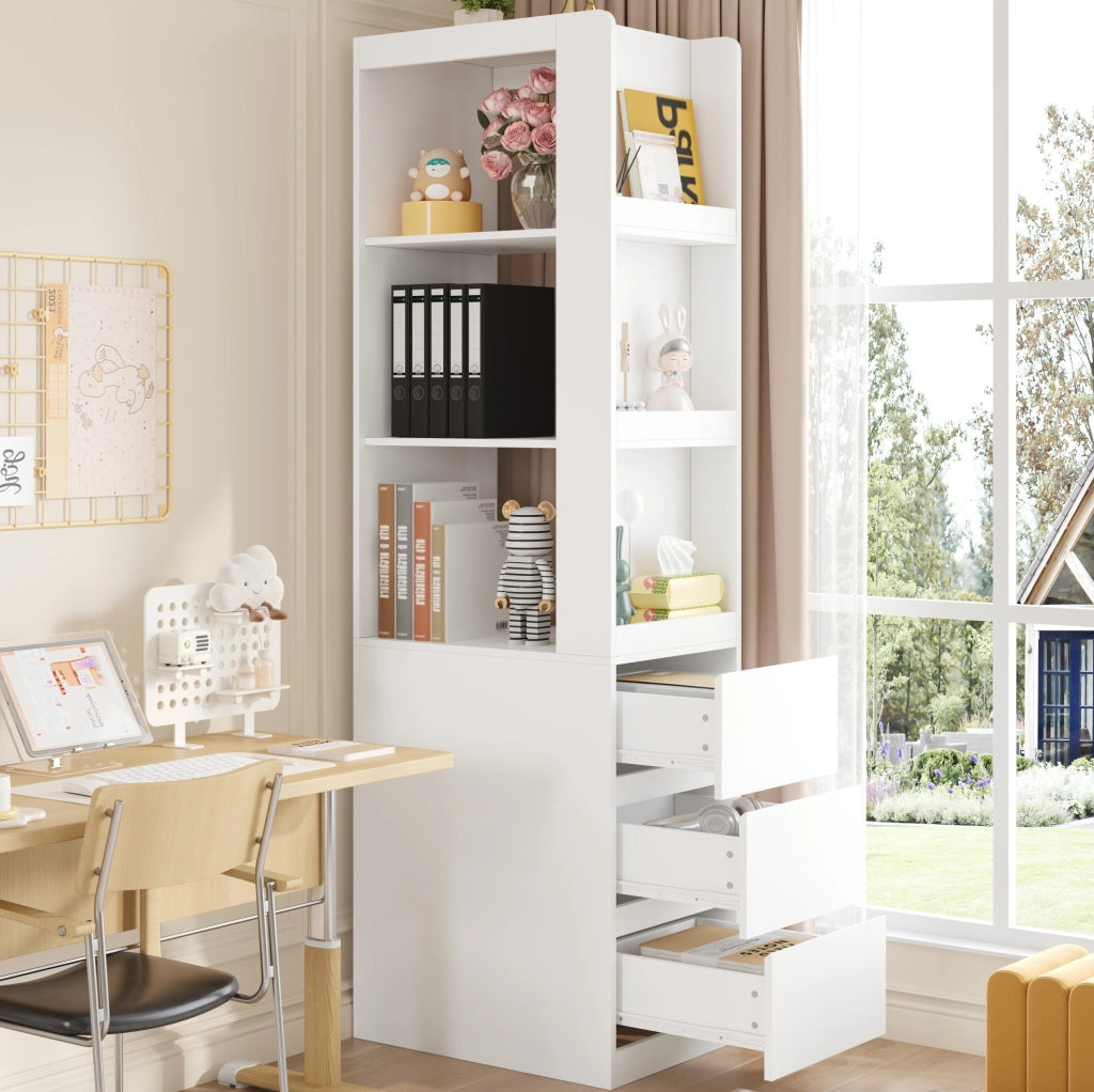 Libreria stretta alta con 3 vani aperti e 3 cassetti