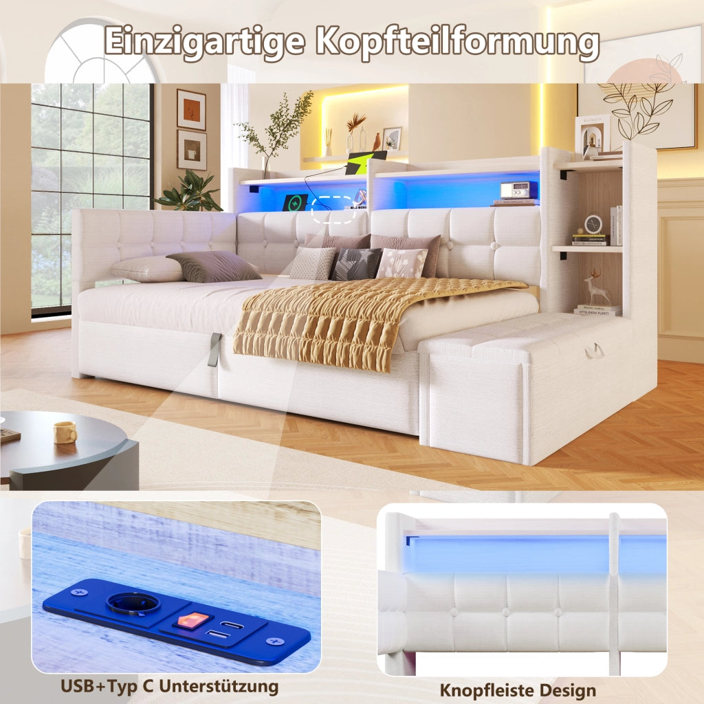 Letto da Giorno 90x200 cm in velluto con Contenitore Idraulico; Panca Contenitore; LED; USB-C; Ripiani Bianco