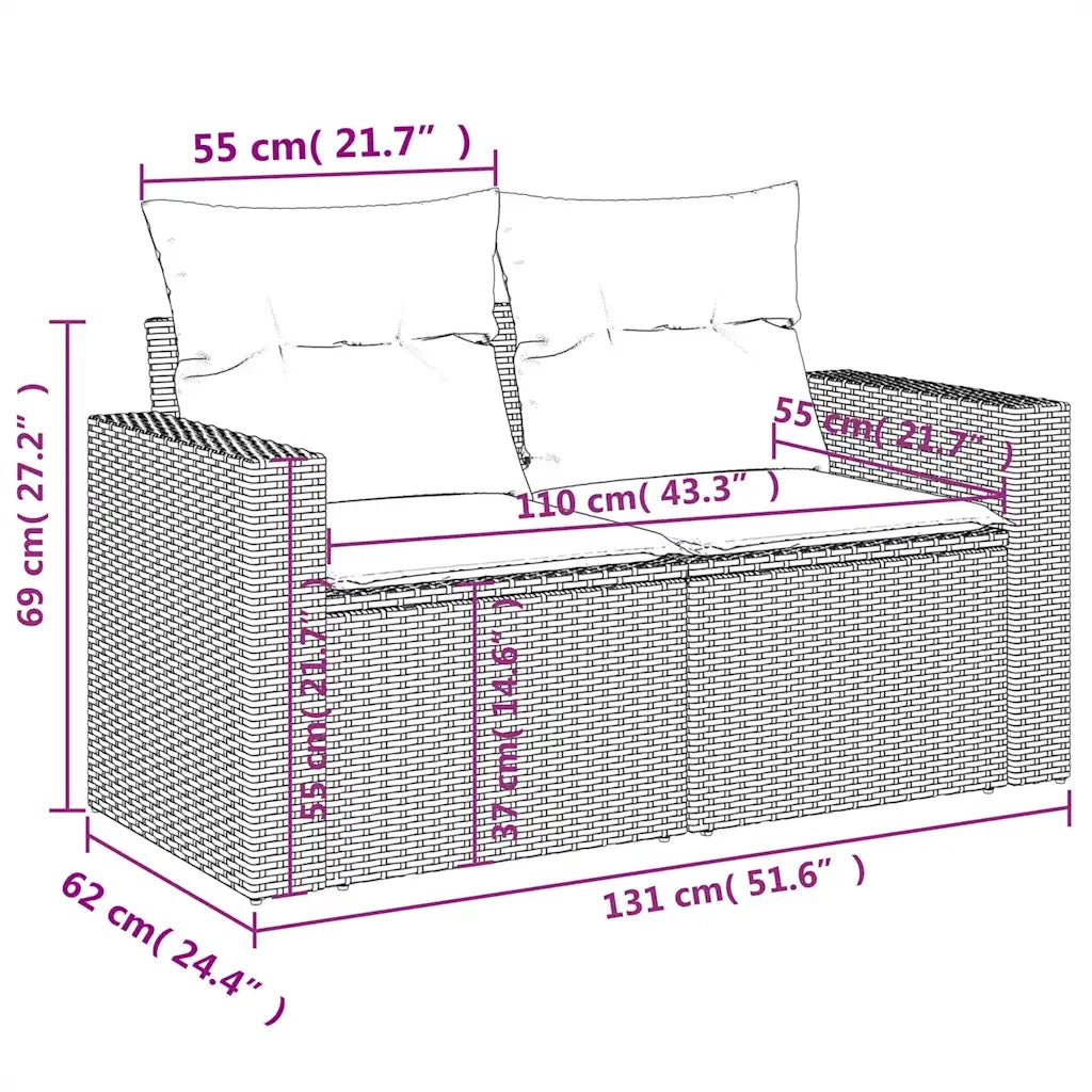 Divano da giardino con cuscini a 2 posti marrone in polyrattan 366234
